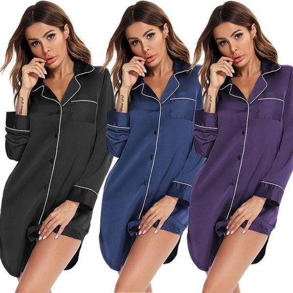 

women's sleepwear 2021summer ladies nightdress long sleeve thin faux silk loose homewear women night gown womens nightgown sleep, Black;red