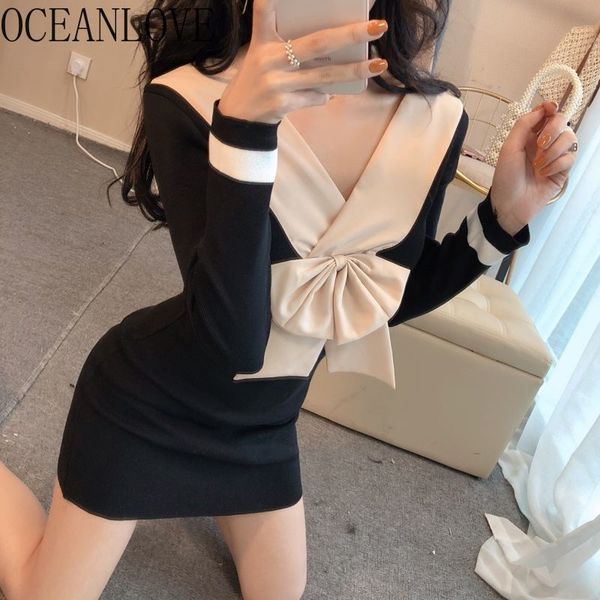 

club party women bow knitted bodycon dress chic stretch high waist vestidos ins v neck 15057 210415, Black;gray