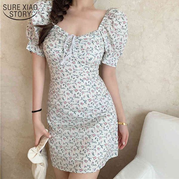 Koreanisches Sommerkleid Retro Boho Kurzarm Chiffon Floral Mini es Sexy White Puff Vestidos 10125 210508