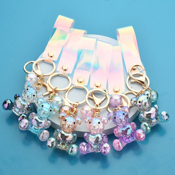 

2021 fashion keychain acrylic magic color cut love bear keychain cartoon bear doll leather rope accessories bag pendant female, Slivery;golden
