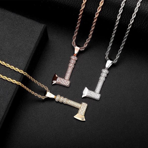 

pendant necklaces retro hip hop rock claw setting cz stone paved bling iced out axe pendants for men women rapper jewelry, Silver