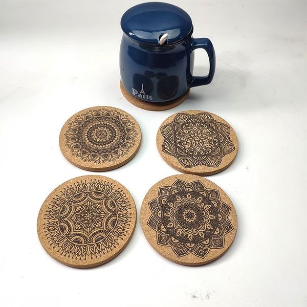 

mats & pads 6pcs/set creative nordic mandala design round shape wooden coasters with rack cork