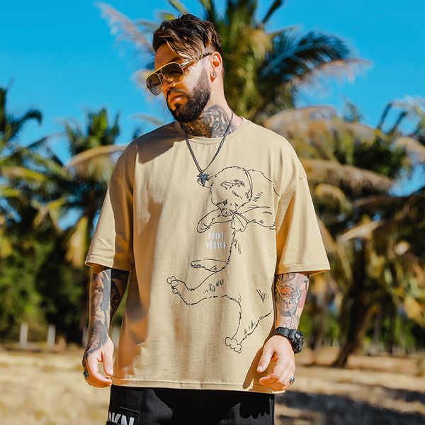 

tee 2021 summer apricot oversized t male Loops man's Fat man tops crew neck cotton shirt, White;black