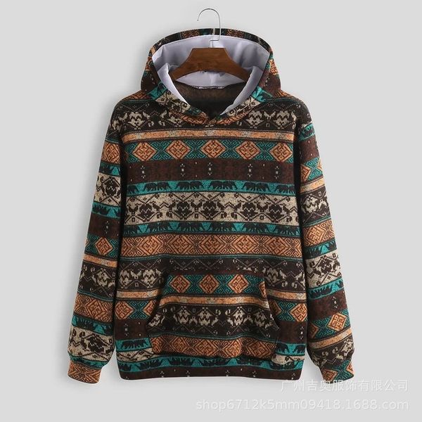 

men's printed ethnic insert pocket hooded sweatshirt, Black
