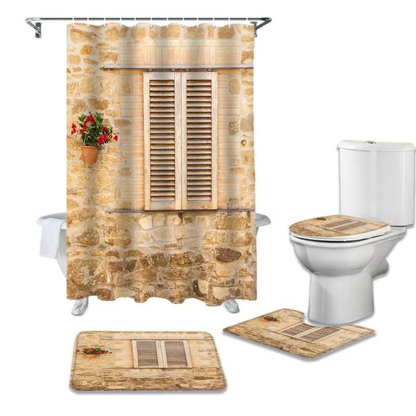 

shower curtains window flower pot stone brick retro waterproof bathroom curtain toilet cover mat rug set for bathtub decor