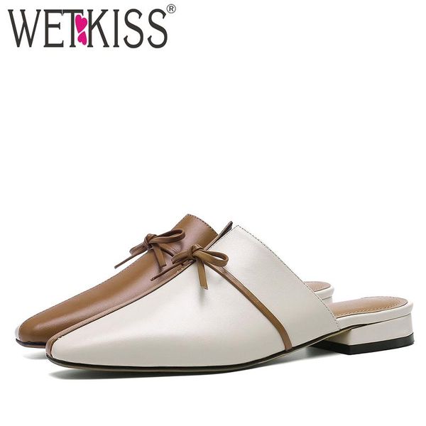

slippers wetkiss cow leather women square toe low heels footwear butterfly knot slides shoes mules woman summer 2021, Black