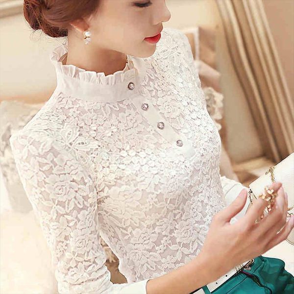 

lace spring long sleeve womens shirts st collar blusas ropa de mujer, White