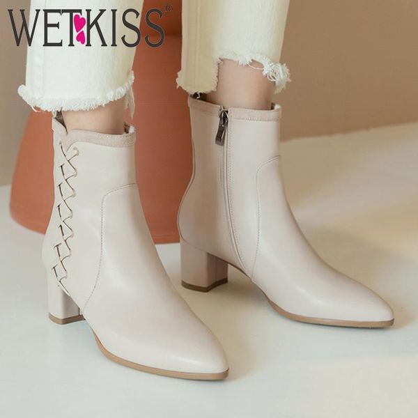 

boots wetkiss high heels thick women cross tied ankle booties female pu shoes ladies pointed toe zip spring 2021, Black