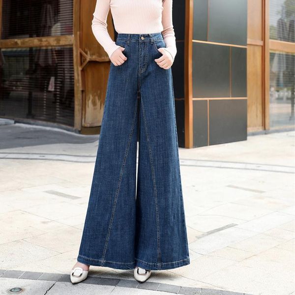 

real s 2021 fashion high waist jeans autumn and winter wide leg pants large size casual temperament bell women's, Blue