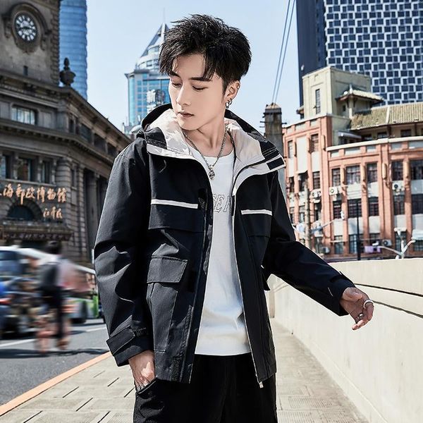 

men's jackets chic style plus size zip patchwork with hat zipper pocket jacket long sleeve warm streetwear windbreaker, Black;brown