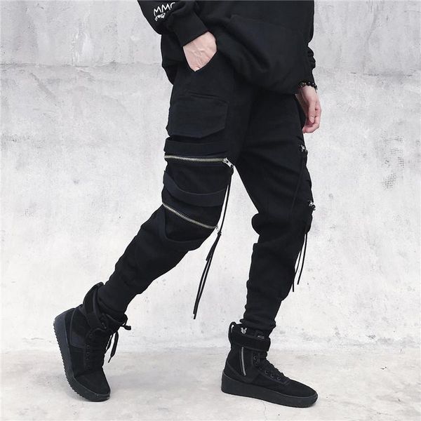 

spring and autumn overalls men's zipper decorative ribbon legged pants street hiphop fashion tred m-3xl, Black