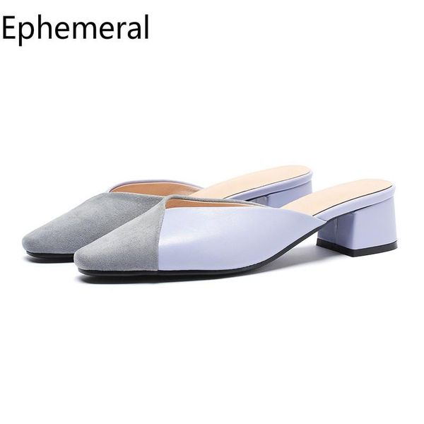 

slippers lady's patchwork med heel pointy toe flock pumps summer slides outdoor 2021 shoes black beige blue cute fashion