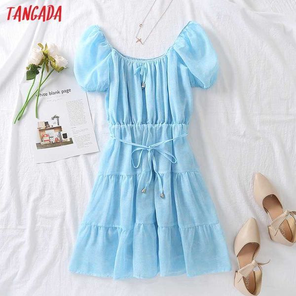 

tangada summer women french style blue dress puff short sleeve ladies mini dress vestidos da98 210609, Black;gray