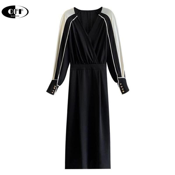 

casual dresses women black side chiffon split elegant dress v-neck long sleeve loose fit fashion tide spring autumn midi, Black;gray