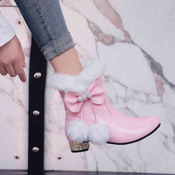 

dress shoes yqbtdl autumn winter lolita ankle boots for women chunky heels pink black white cute bowtie faux fur tassel ladies jmm2