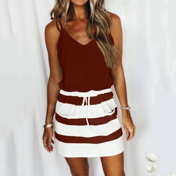 

casual dresses women dress striped patchwork v-neck drawstring pocket suspender summer beach mini sundress vestidos, Black;gray