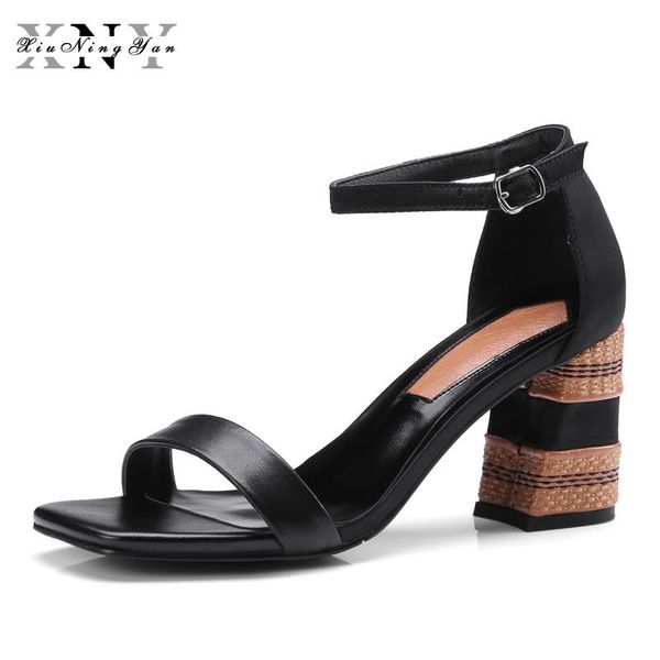 

xiuningyan sandals women summer shoes genuine leather ankle strap square high heels dress white big size 34-42, Black