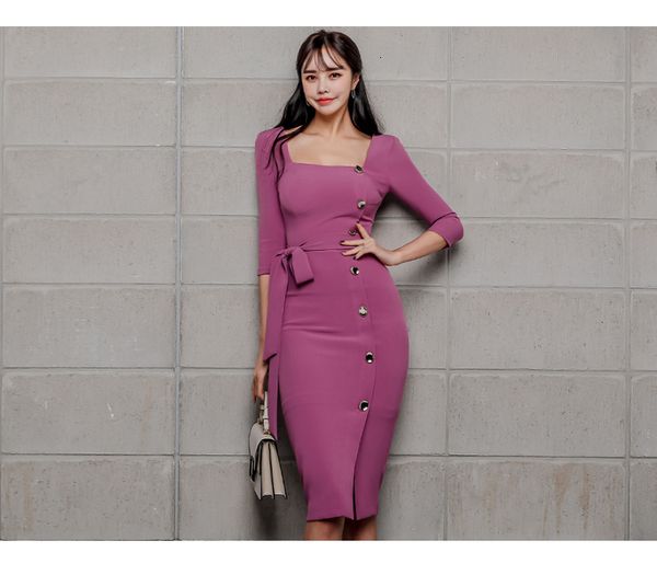 

casual dresses summer korean women single breasted bodycon pencil slim square collar tr1l, Black;gray