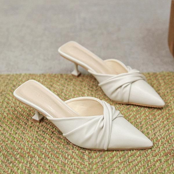 

slippers high-heeled shoes lady woman's med luxury slides shallow cover toe thin 2021 designer summer pu pumps rubber cove, Black