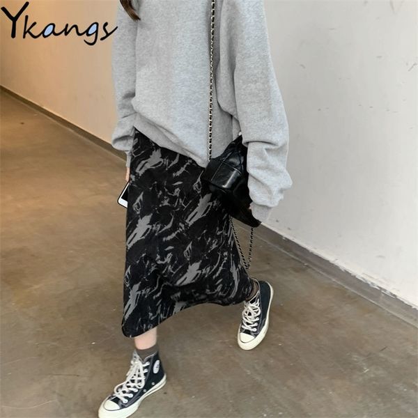 

harajuku corduroy tie-dye print skirt women elegant split long a-line korean fashion high waist black midi s 210421