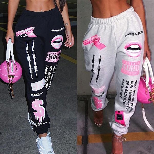 

hip hop graphic print womens capris sweatpants joggers trousers harajuku high waist loose casual pants sport female, Black;white