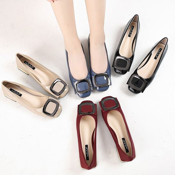 

dress shoes candy japanned leather square metal decorate ladies loafers woman ol toe slip on moccasin chunky heels ballet mzpk, Black
