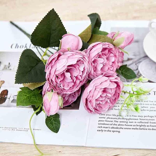 

decorative flowers & wreaths 30cm silk peony rose pink artificial bouquet 5 big heads and 4 bud fake for home wedding decoration indoor