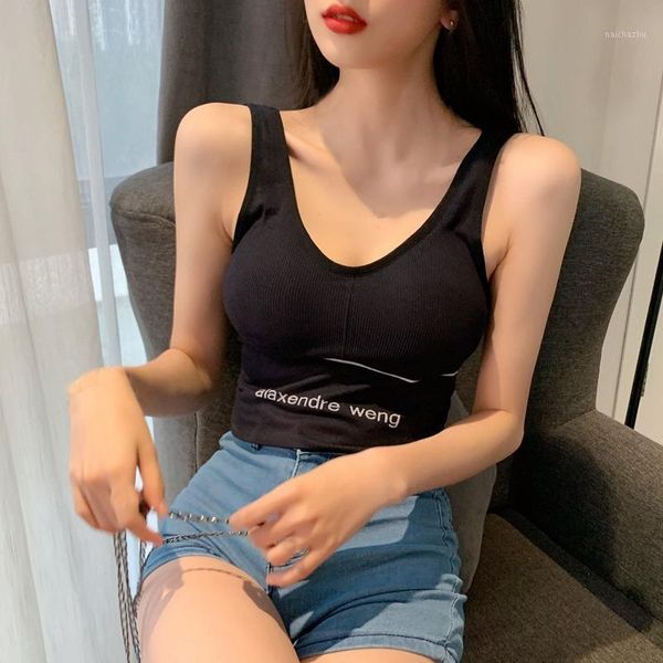 

women's tanks & camis 2021 underwear female letter printed u-shaped beautiful back with cotton sports vest, White