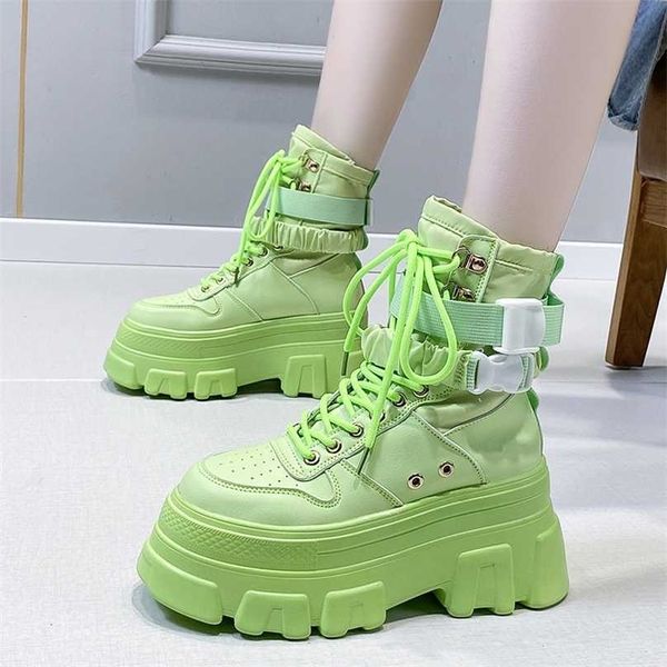 Rimocy Verde Punk Plataforma Chunky Bota de Motocicleta Outono Inverno Sapatos Góticos Mulher Grosso Bottom Lace Up Ankle Botas Mujer 211105