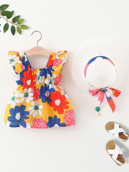 

baby floral print ruffle trim dress & hat she, Red;yellow