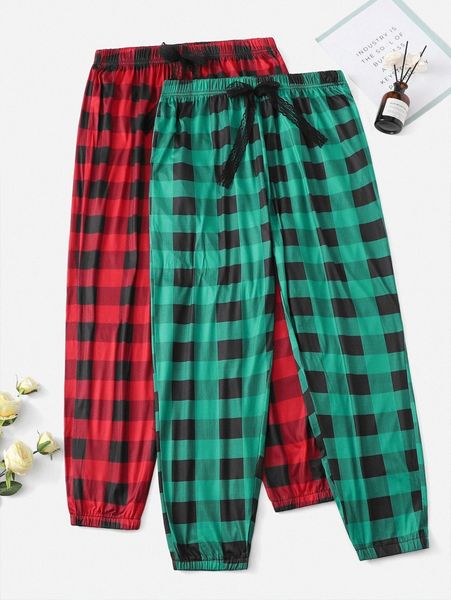 

plus 2pcs gingham knot sleep pants h4bb#, Black;white