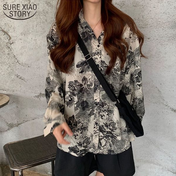 Plus Размер напечатанной женской рубашки осень свободный рукав шифон блузка западный стиль мода абстрактный кардиган Blusas 11709 210508