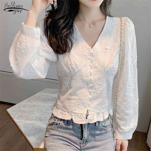 

autumn white embroidery blouse retro high waist short v-neck puff sleeve lace shirt women blusas mujer de moda 10536 210521
