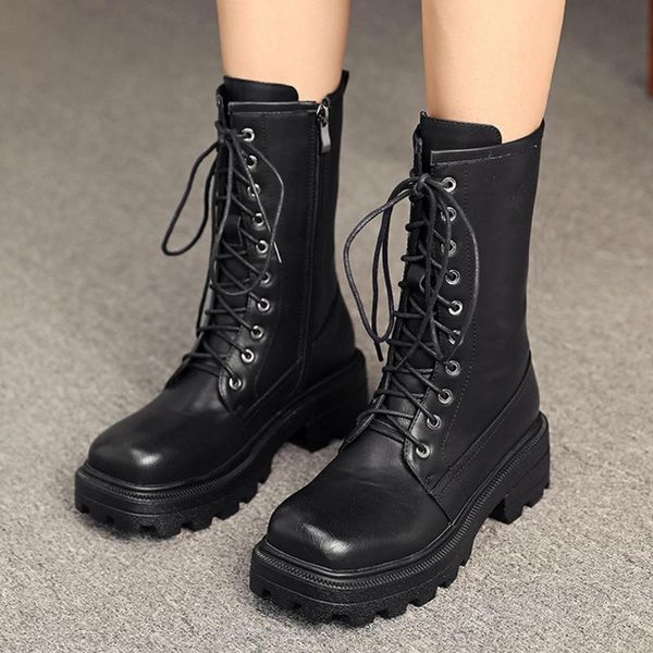 

boots brand 2021 plus size 43 fashion platform square heels motorcycles boot winter women shoes, Black