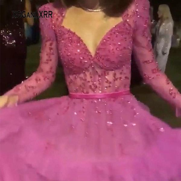 

fushia long sleeves prom dress 2021 evening party gown ruffle puffy skirt saudi arabia elegant woman formal pageant gala dresses, White;black