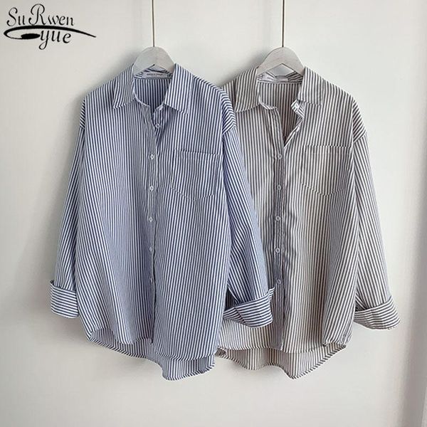 

women's blouses & shirts office ladies single-breasted loose blouse striped shirt women casual cotton female femme blusas 13057, White