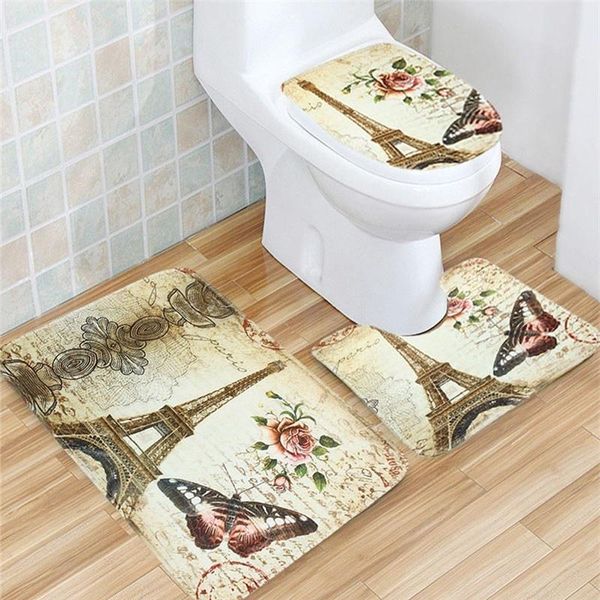 

3pcs eiffel tower print flannel bathroom accessories sets pedistal bath mat and toilet cover accessory set