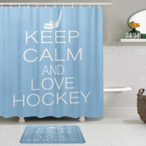 

shower curtain sets with non-slip rugs,keep calm and love hockey,waterproof bath curtains hooks and bath mat rug included