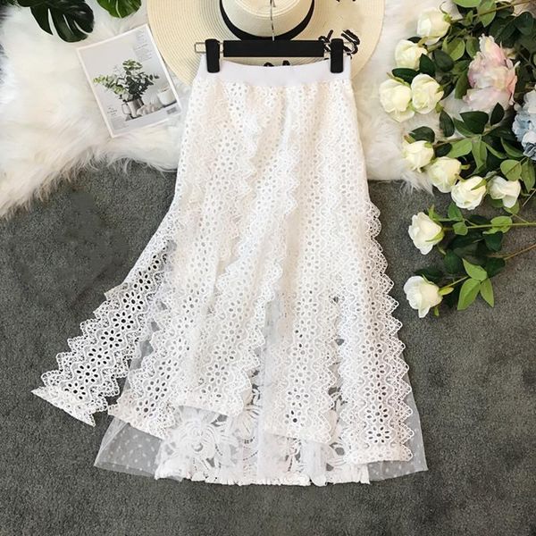 

skirts spring and summer ladies solid color embroidery irregular hollow out a-line mesh ruffles patchwork lace high waist skirt, Black