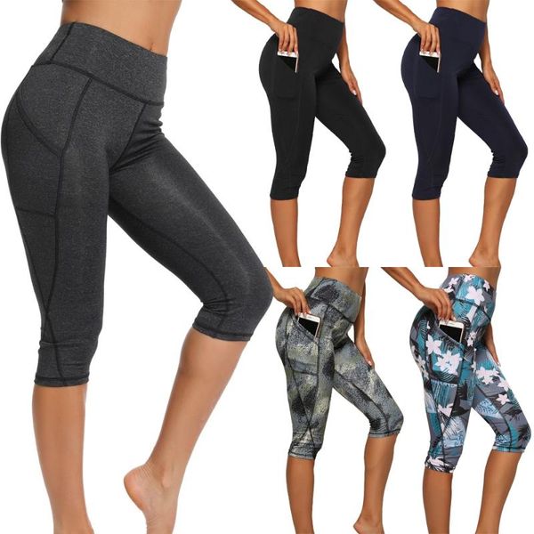 

women's leggings casual 3/4 yoga pants gym fitness sports cropped pocket slim female solid color, Black