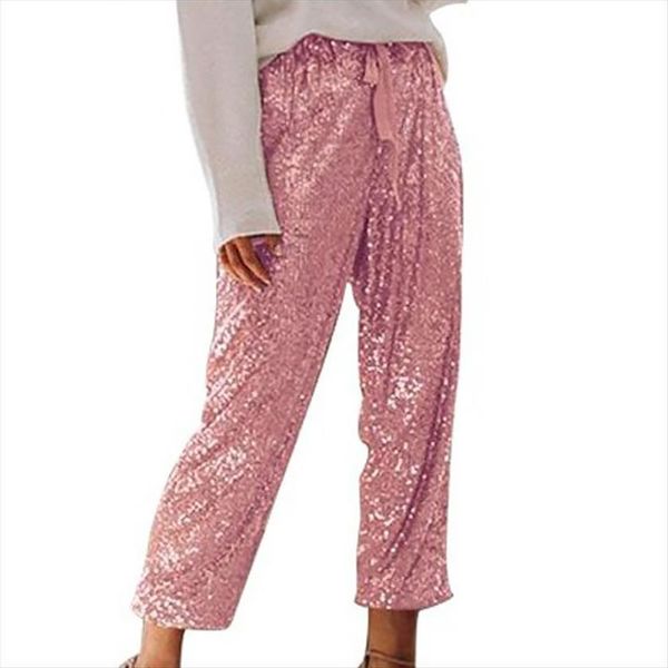 

nightclubs sequined beading trousers women capri drawstring elastic waist sequins spring party straights pantalon mujer, Black;white