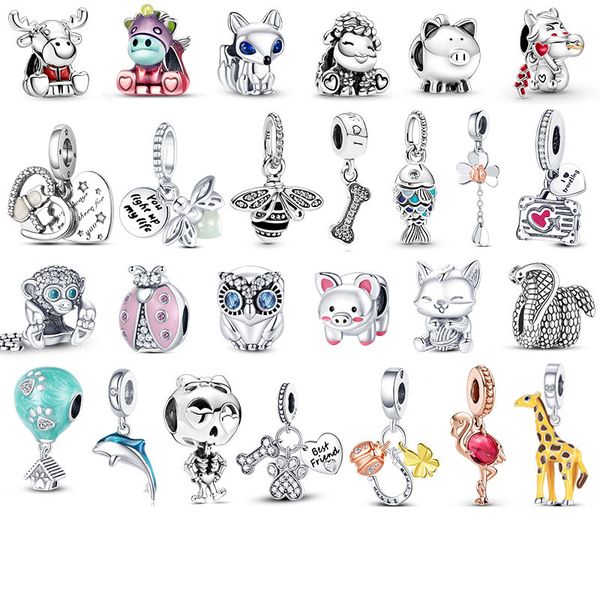 

new s925 sterling silver monkey beads fox owl animal charm cat charms flower & bee pendant fit pandora bracelet jewelry diy gift, Black