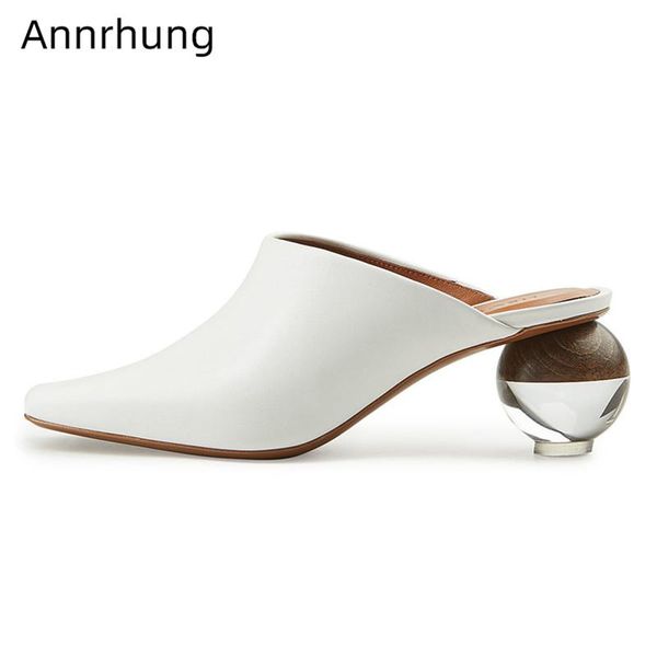 

slippers novelty ball heel women genuine leather square toe slingbacks mules fashion crystal shoes zapatillas mujer, Black