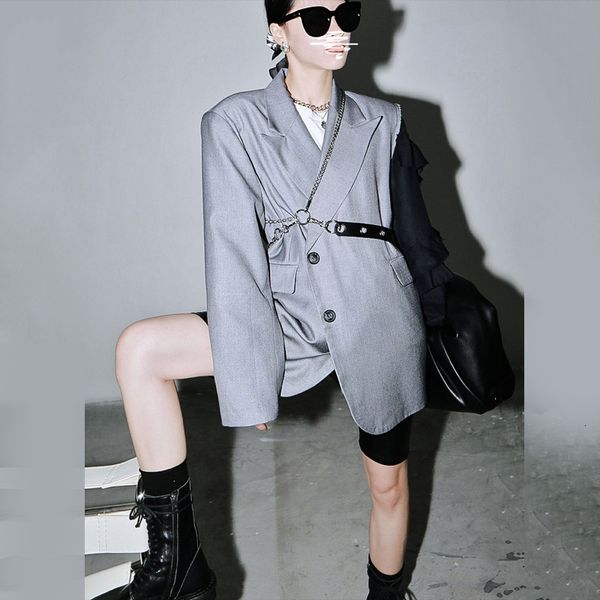 

[eam] women gray contrast color split ruffles blazer new lapel long sleeve loose fit jacket fashion spring autumn 1t270 201009, White;black