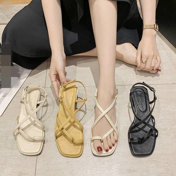 

clear heels buckle strap med square toe roman sandals women's low shoes flip flops platform 2021 summer cross suit female beige, Black