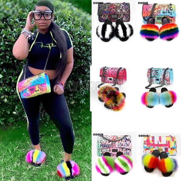 

fluffy fur slides and bag sets women furry shoes real slippers rainbow flip flops girls jelly purse graffiti handbag, Black