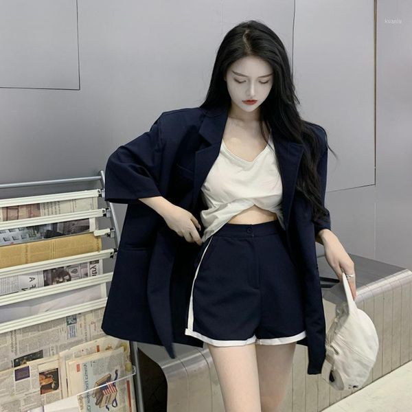 

women's suits & blazers solid navy blue long and loose women blazer summer thin half sleeve fashion suit jacket office ladies work hon, White;black