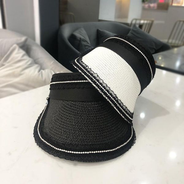 

beanies rhinestone lace decor hat women straw air summer trendy travel sun-proof peaked cap spring