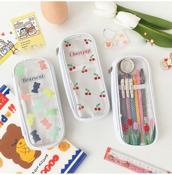 

pencil bags sharkbang tulip bear cherry transparent pen bag mesh net pouch glitter storage case brush holder birthday gift school stationery