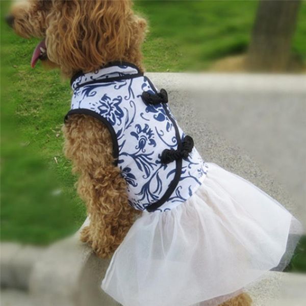 

dog apparel cat lace princess floral printing dress blue and white porcelain prints pet clothes lolita style